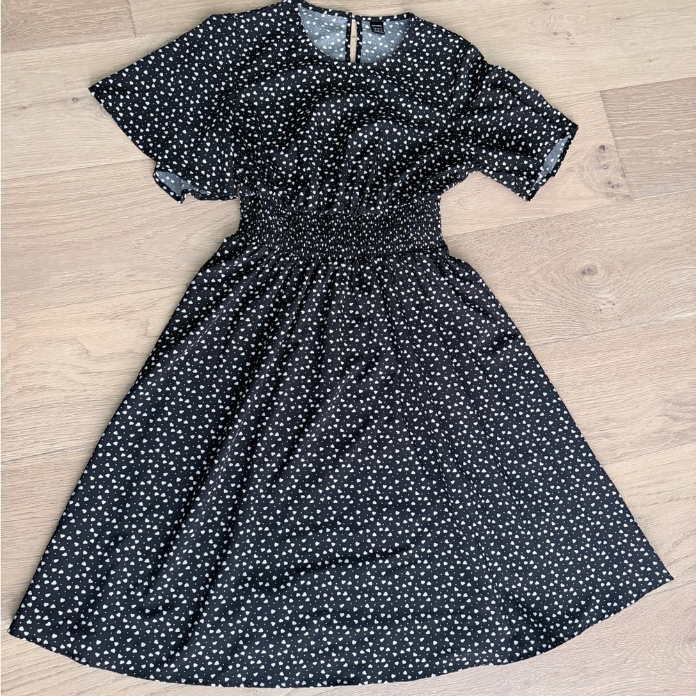 Smocked Waist Black Dress with White Heart Print